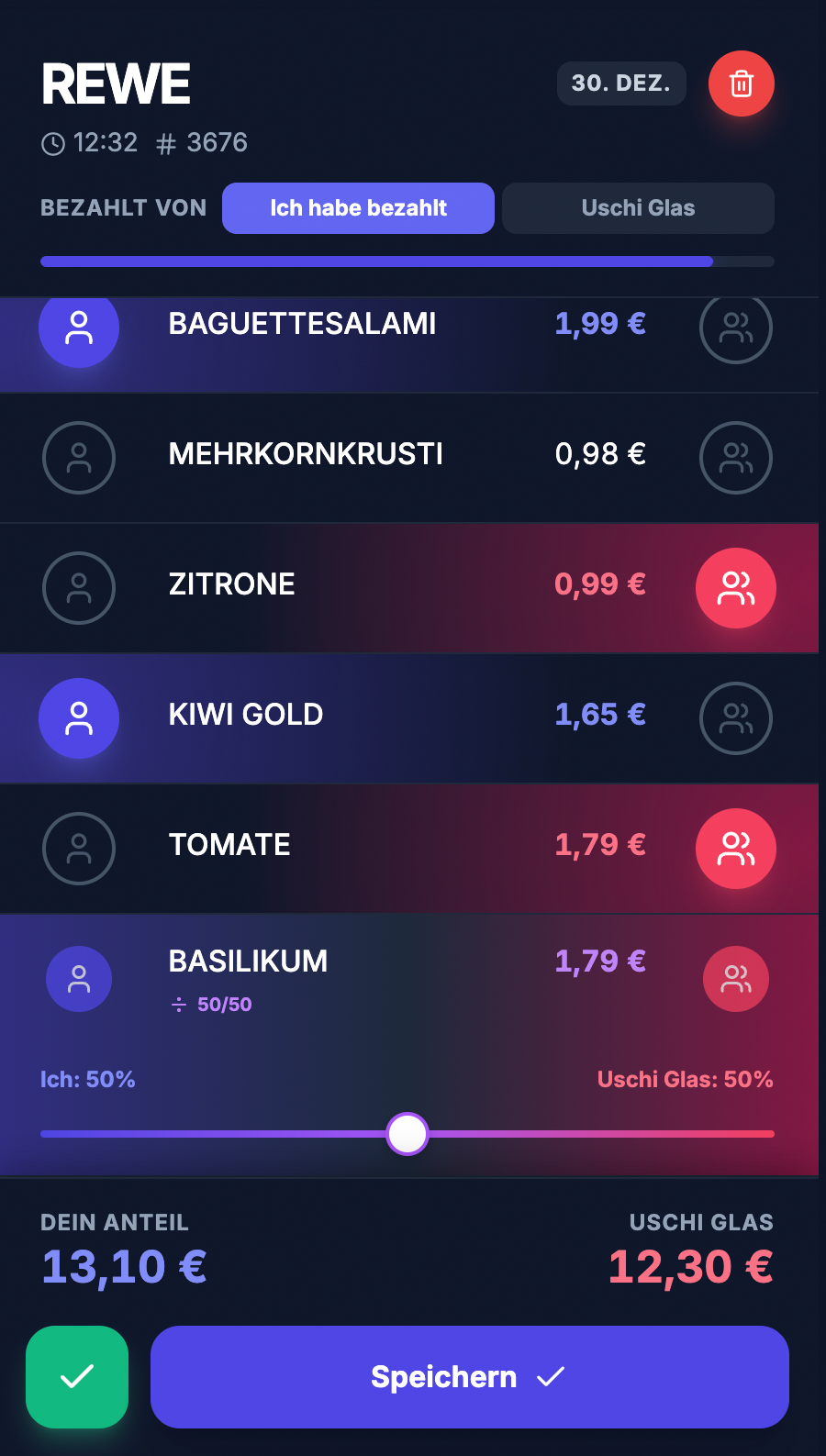 Qota App Screenshot: REWE-Einkauf wird fair zwischen zwei Personen aufgeteilt - 14,27€ vs 12,11€
