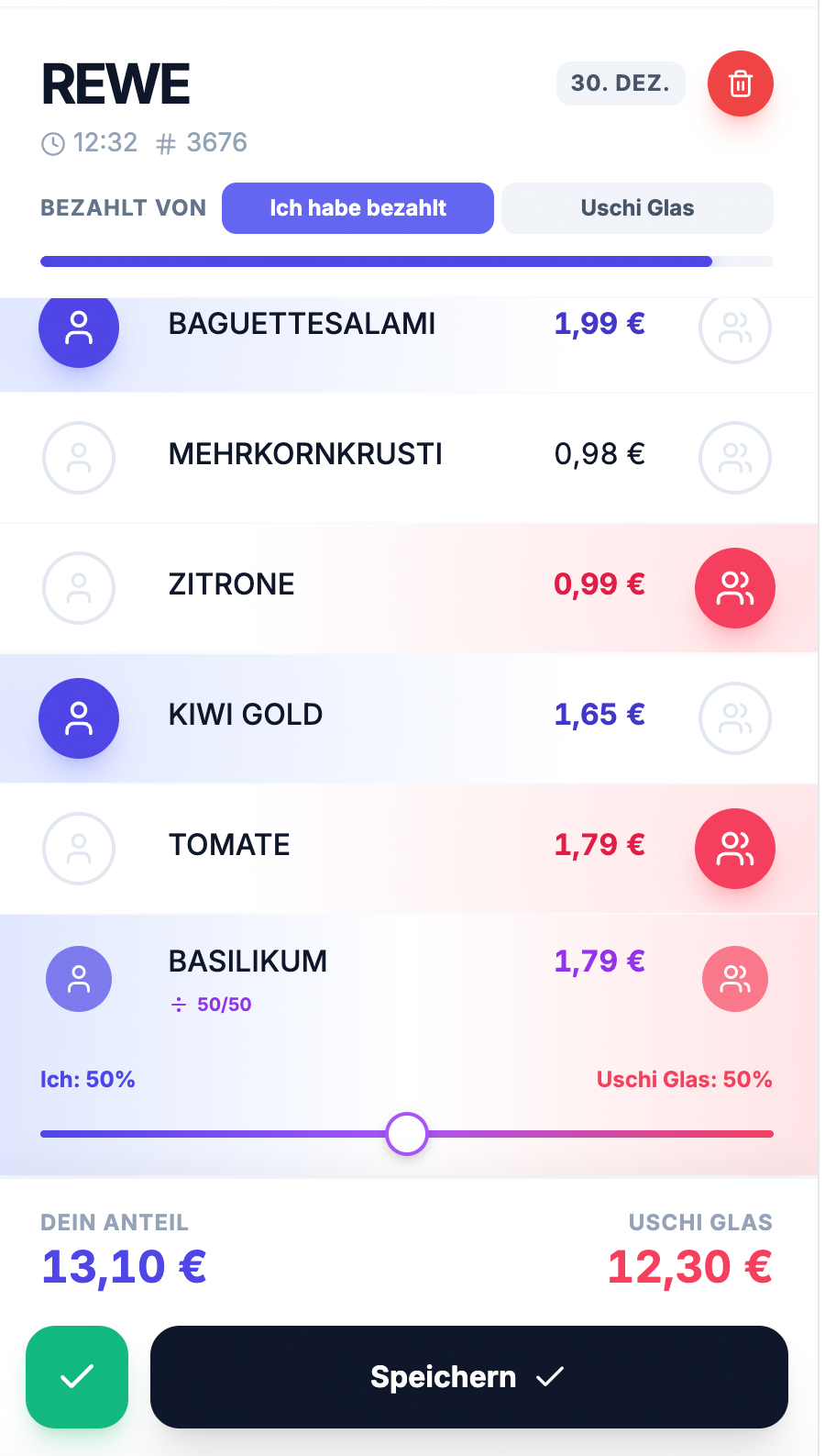 Qota Kostenaufteilung: Artikel werden per Tap einzelnen Personen zugewiesen